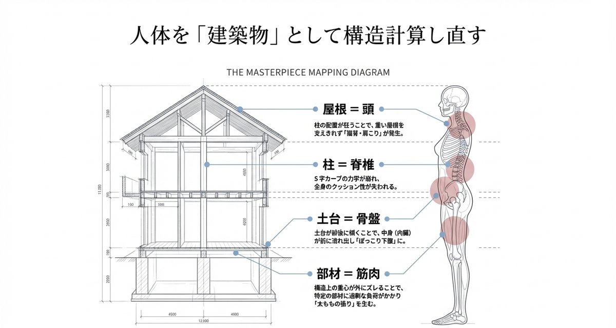 屋根=頭、柱=脊椎、土台=骨盤、部材=筋肉の対応図